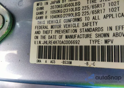 2010 Honda Cr-V Ex-L from USA, damaged, VIN JHLRE4H70AC006692